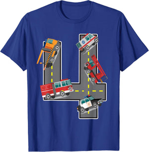 Four Year Old 4th Birthday Fire Truck Ambulance Police Car T-Shirt - T-Shirt | Royal