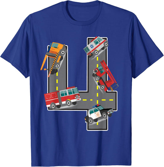 Four Year Old 4th Birthday Fire Truck Ambulance Police Car T-Shirt - T-Shirt | Royal