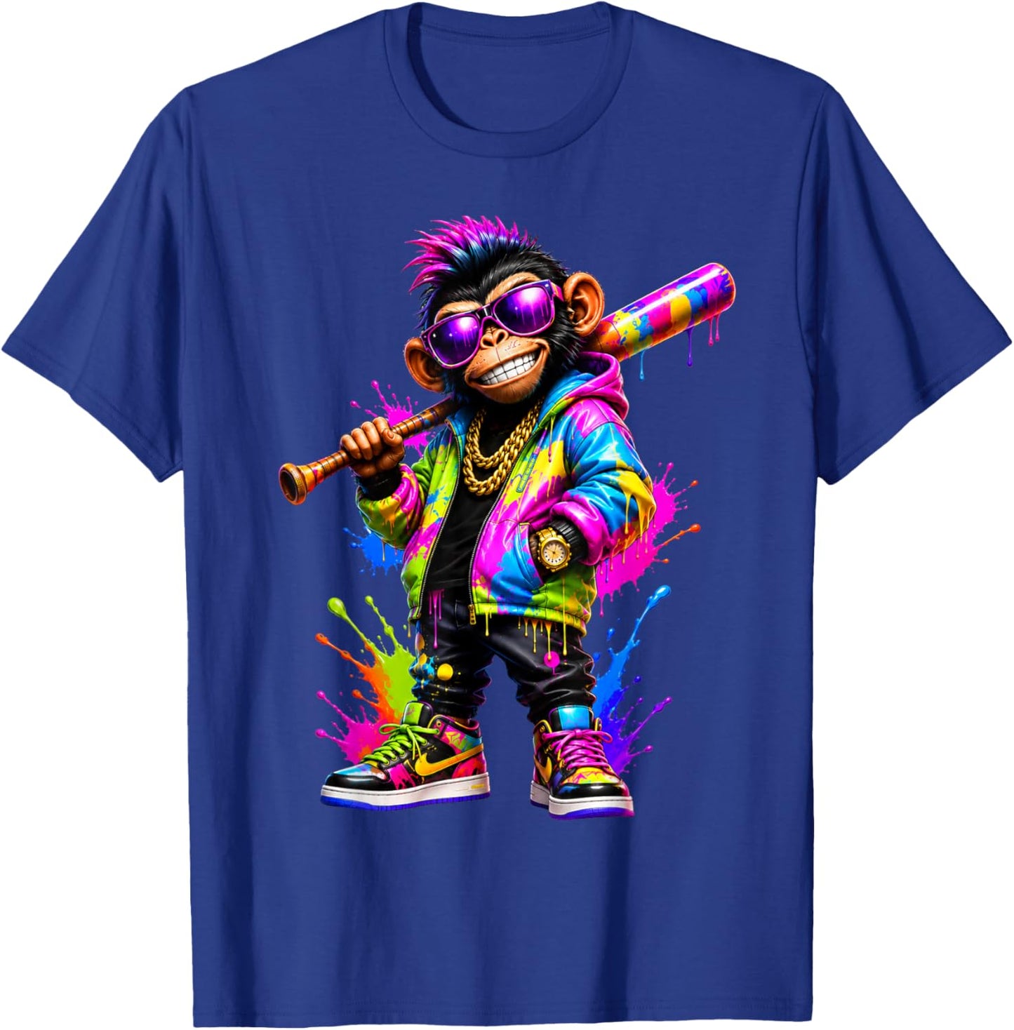 Monkey Baseball Drip Funny Animal Party Sport Cool Graphic T-Shirt - T-Shirt | Royal