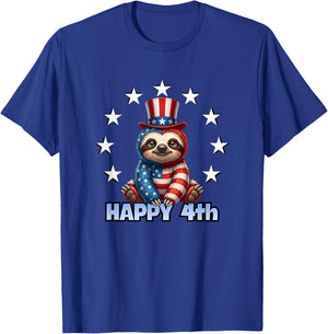 Patriotic American Flag Sloth Happy 4th of July USA T-Shirt - T-Shirt | Royal