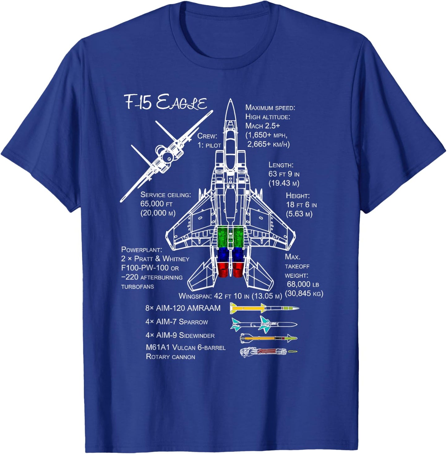 F-15 Eagle Specs Shirt Military Fighter Jet T-Shirt - T-Shirt | Royal
