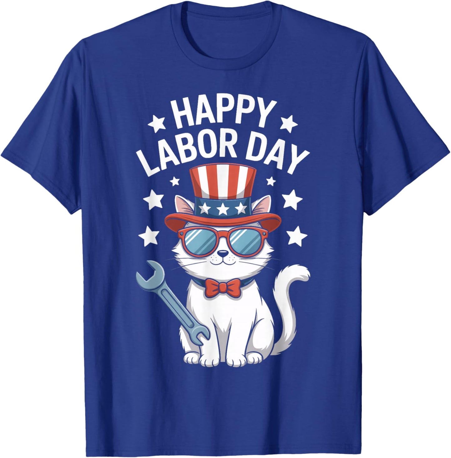 Happy Labor Day Patriotic Cat Wrench Stars Worker Humor T-Shirt - T-Shirt | Royal