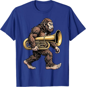 Bigfoot Carrying Tuba Funny Sasquatch Music Lovers T-Shirt - T-Shirt | Royal