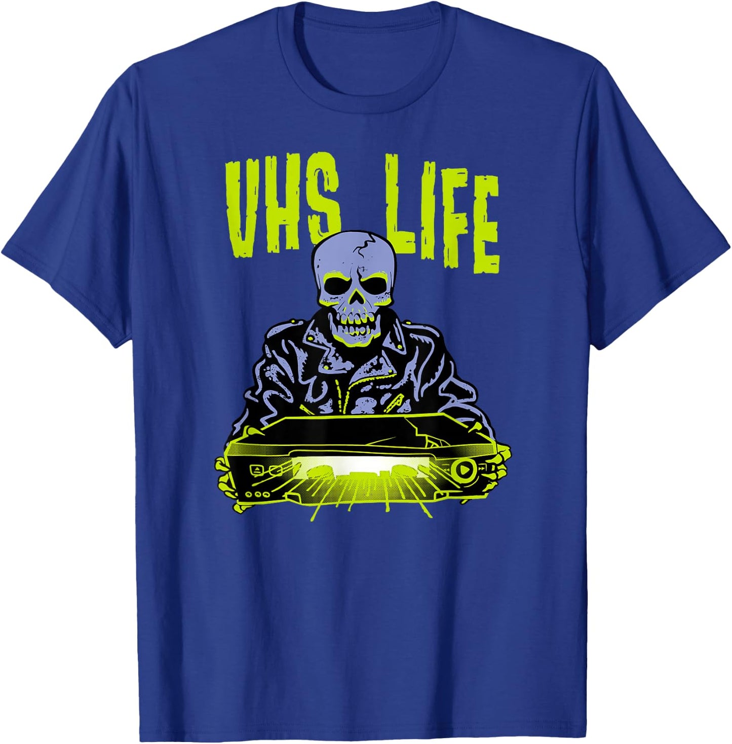 VHS Life - Skull Biker Punk with Glowing Evil VCR T-Shirt - T-Shirt | Royal