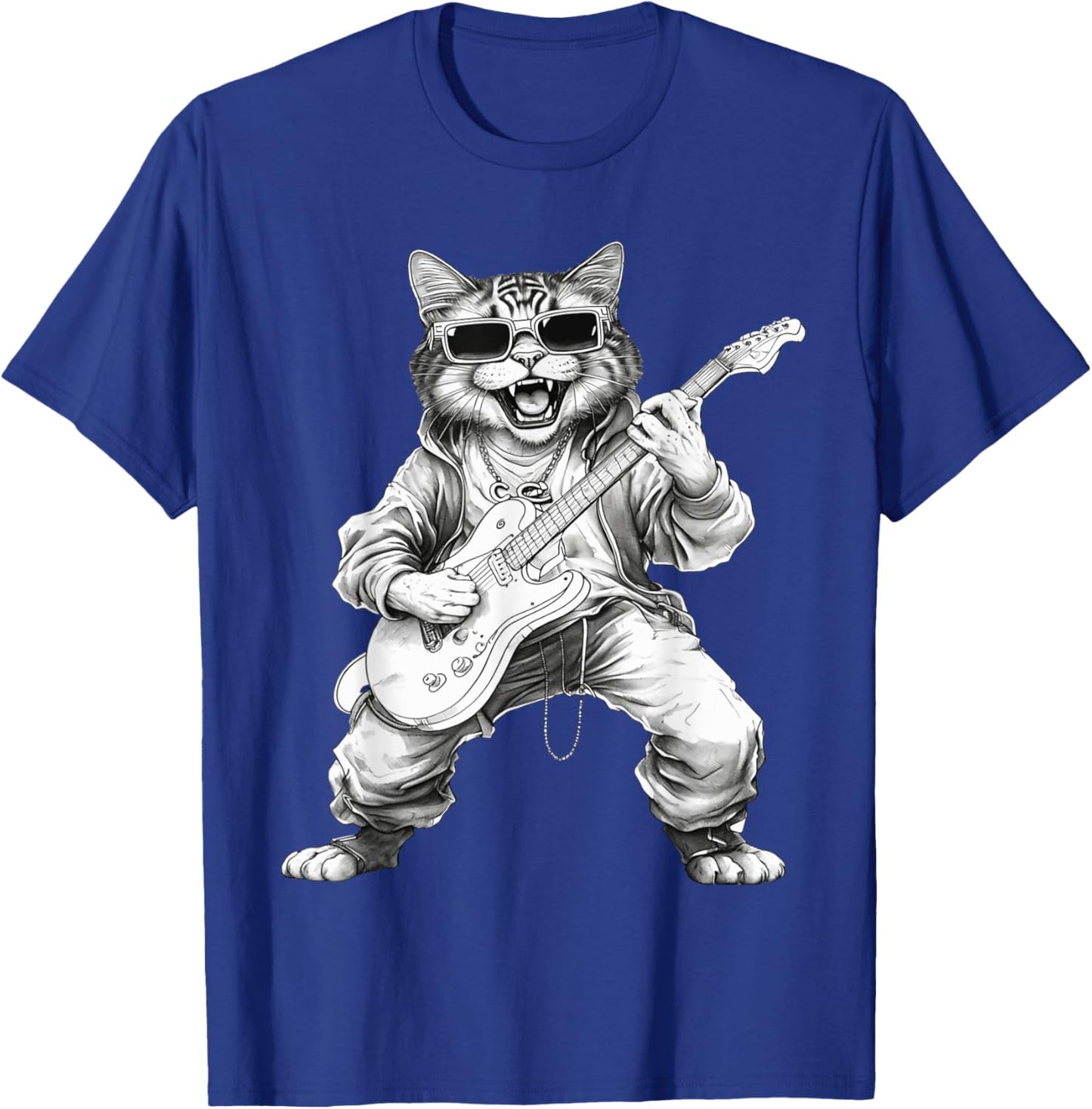 Rock Cat Playing Guitar Funny Guitar Cat Wearing Sunglasses Women Kids T-Shirt - T-Shirt | Royal