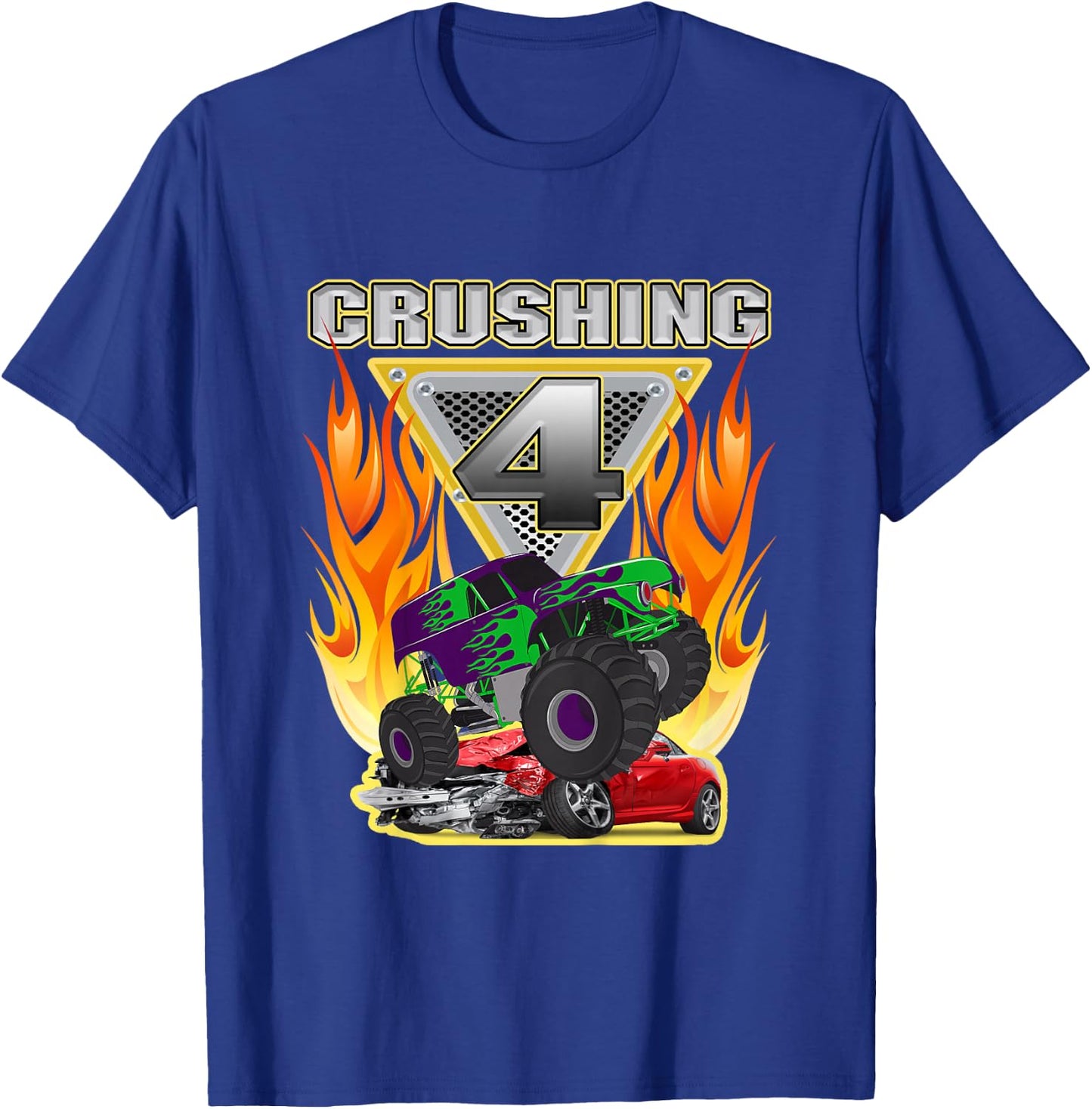 Monster Truck Crushing being 4 four Years Old 4th Birthday T-Shirt - T-Shirt | Royal