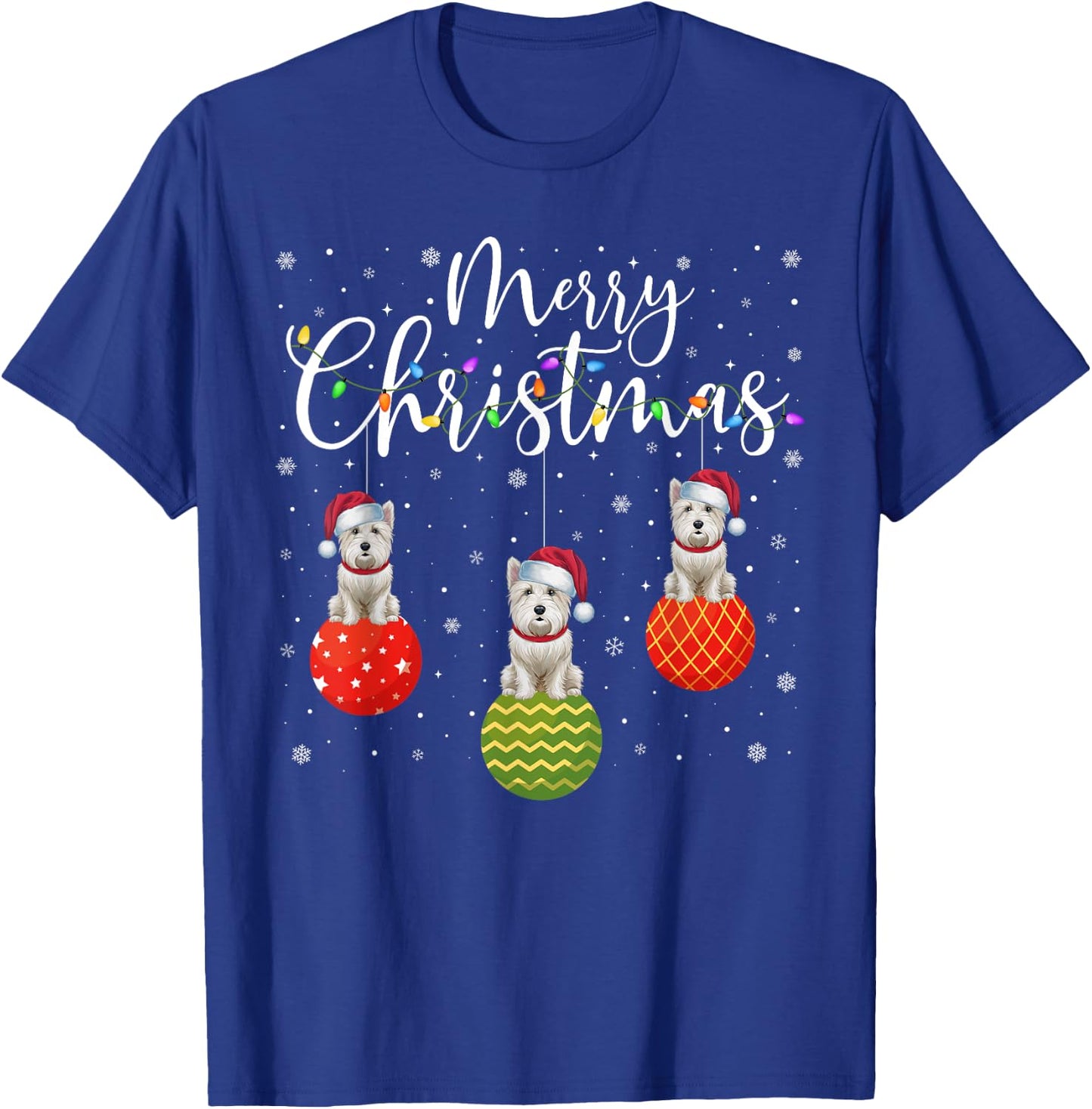 Merry Christmas Lights Santa Hat Westie Dog Ugly Xmas Men Women Kids T-Shirt - T-Shirt | Royal