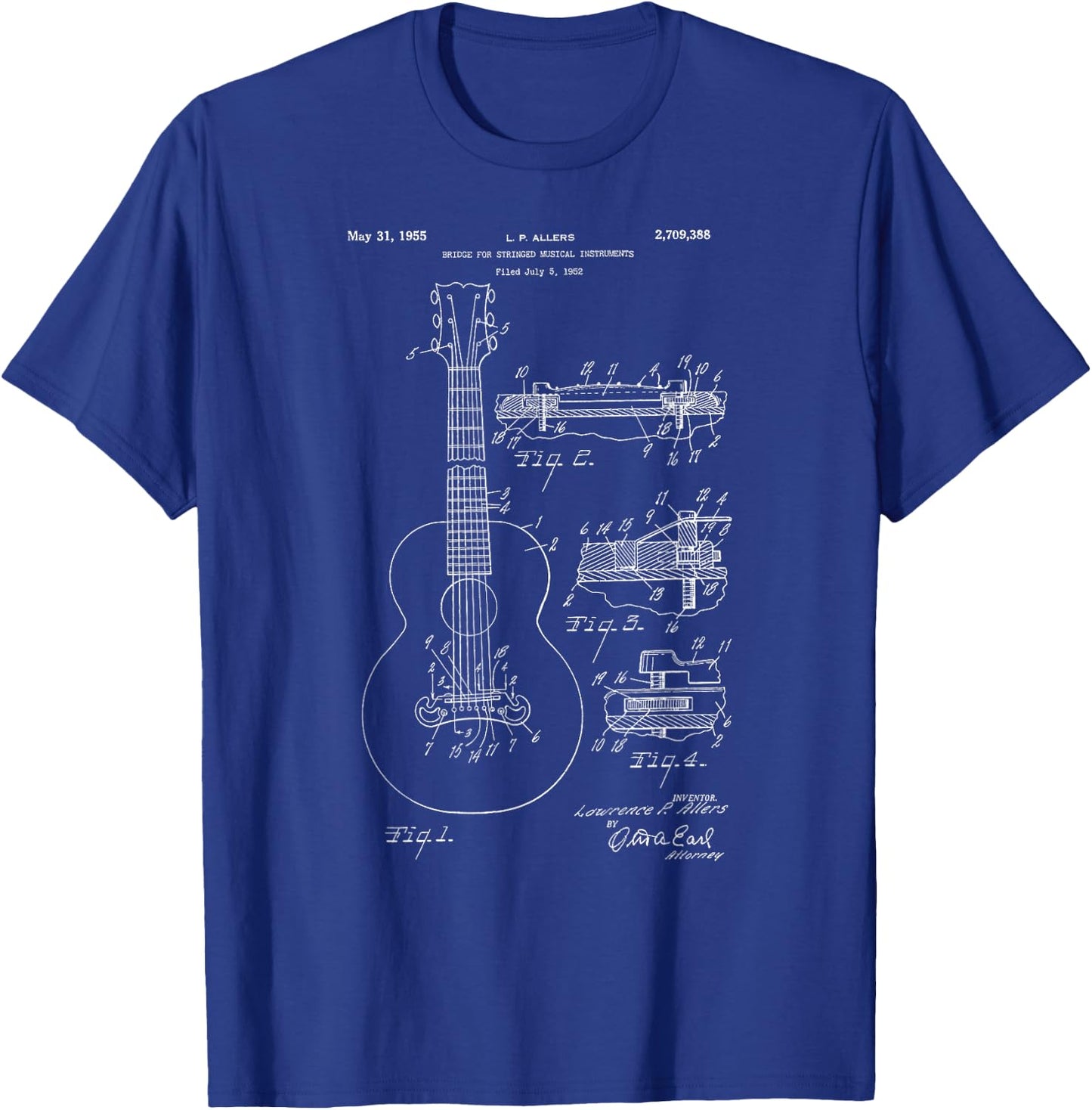 Classic Vintage Patent Print 1955 Guitar Bridge T-Shirt - T-Shirt | Royal