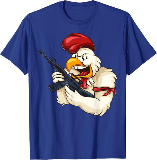 Angry Chicken Cartoon Weapon | Rooster Funny Gun Farmer Gift T-Shirt - T-Shirt | Royal