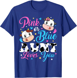 Pink Or Blue Aunt Loves You Cow Baby Gender Reveal T-Shirt - T-Shirt | Royal