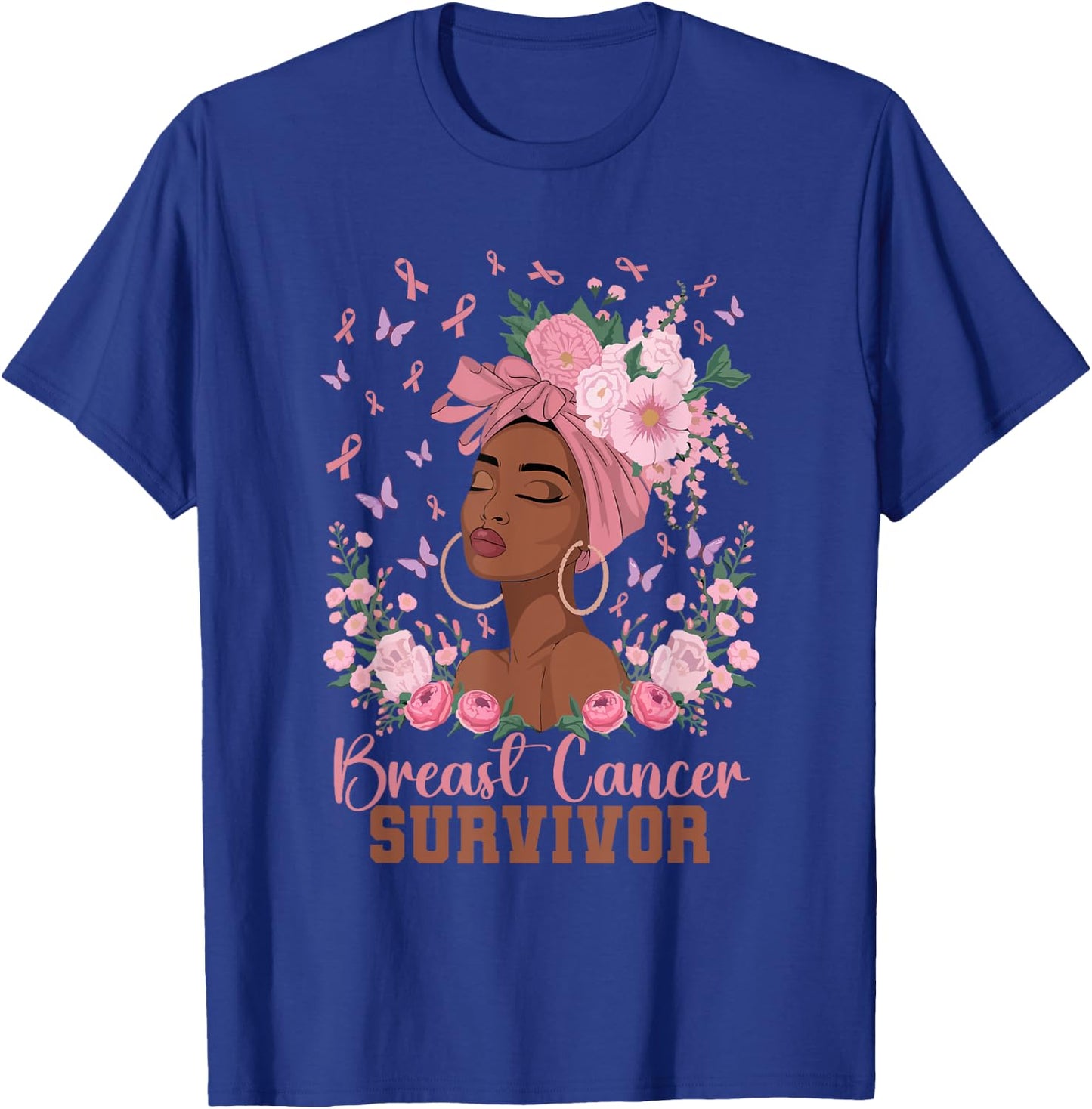 Black Woman Pink Ribbon October Breast Cancer Survivor T-Shirt - T-Shirt | Royal
