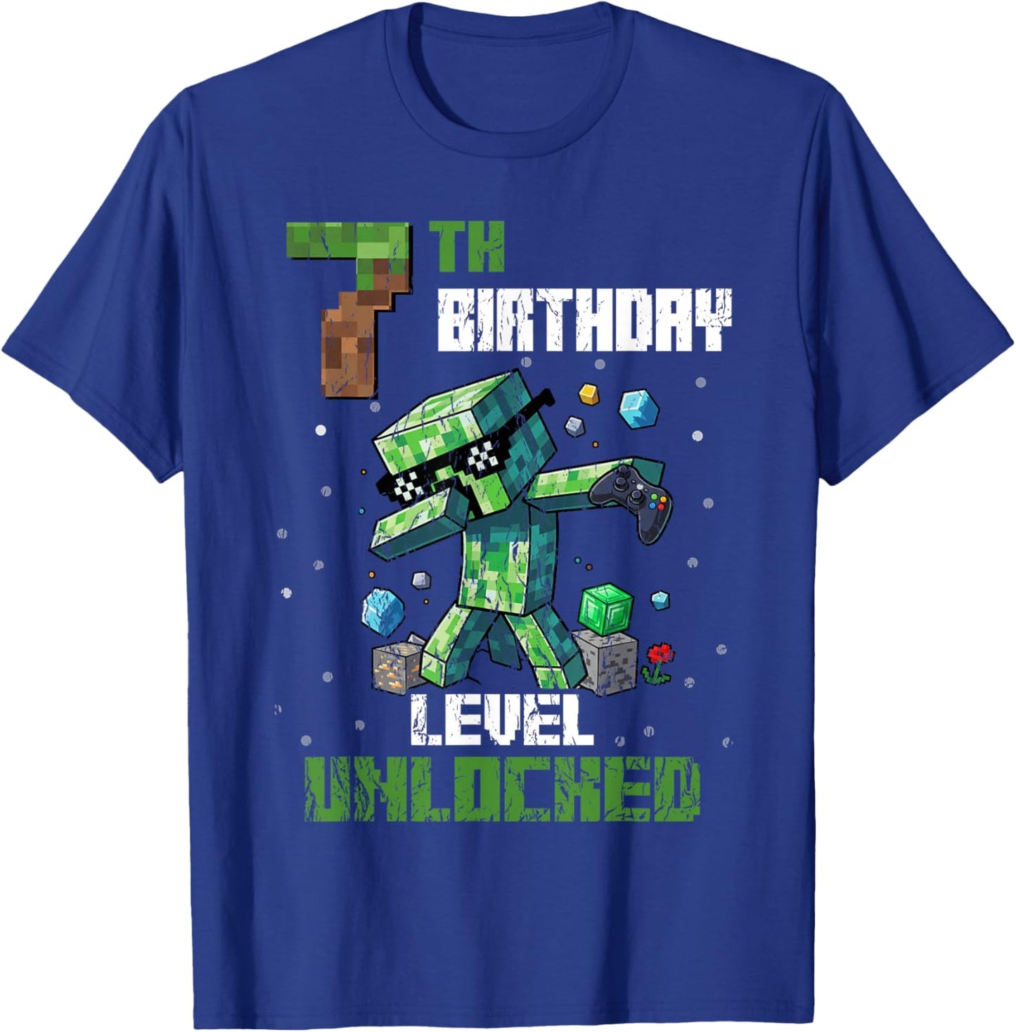 7th Birthday Level Unlocked Pixel Dab 7 Bday Gamer Kids Boys T-Shirt - T-Shirt | Royal