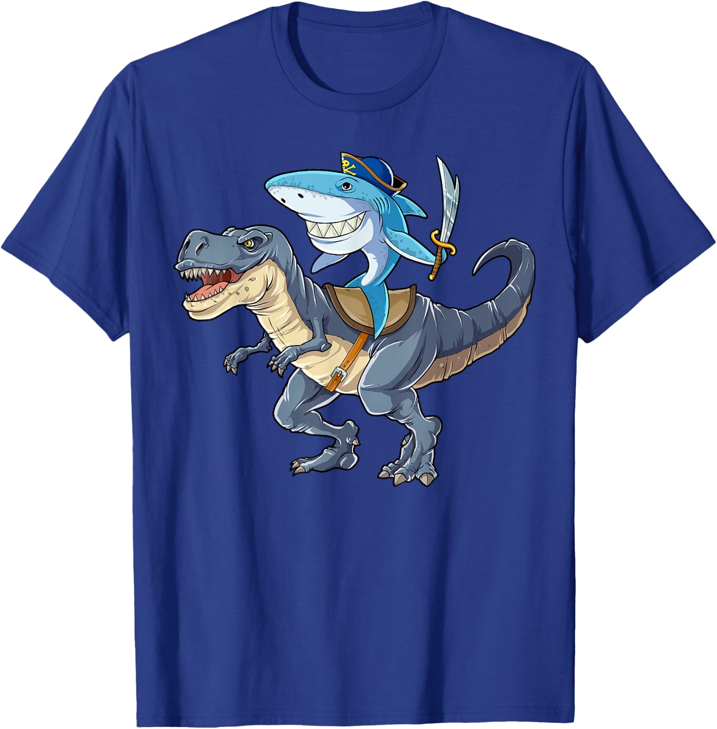 Shark Riding Dinosaur T rex T Shirt Pirate Jawsome Kids T-Shirt - T-Shirt | Royal