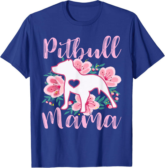 Pitbull Mama Pink Flowers Cute Pit Bull Lover Pitbulls Mom T-Shirt - T-Shirt | Royal
