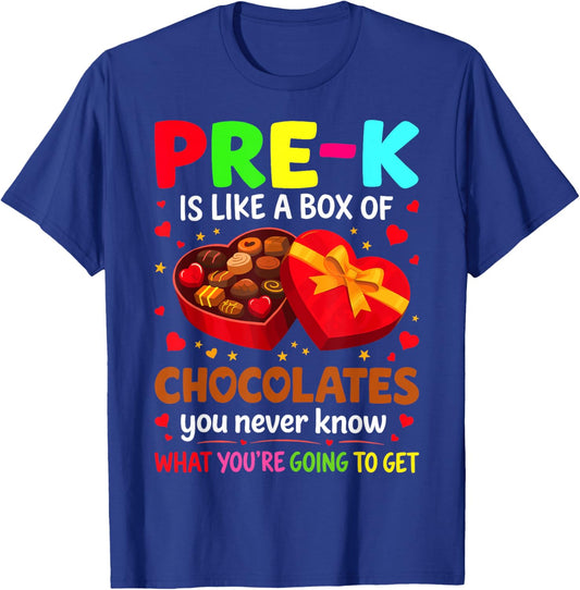 Pre-K is Like a Box of Chocolates - Valentine’s Day T-Shirt - T-Shirt | Royal