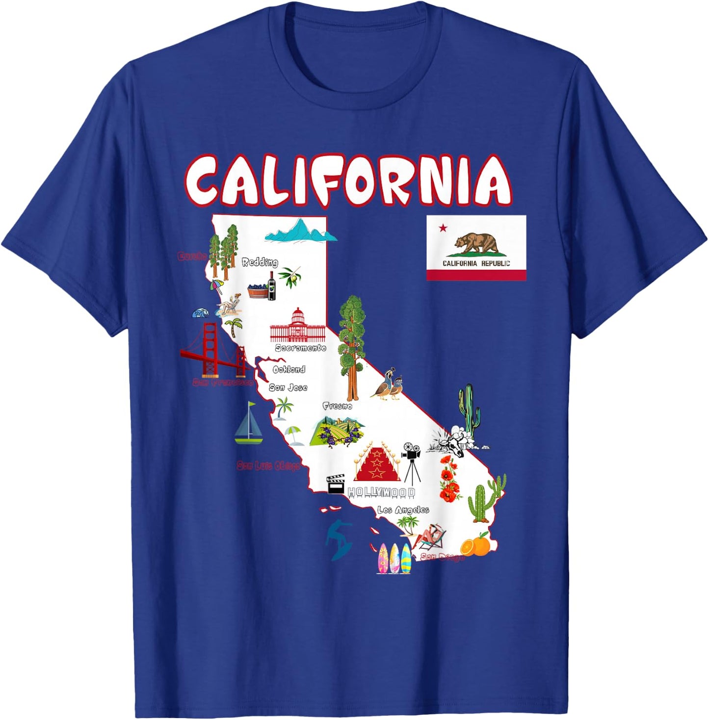 Map of California Landmarks, Major Cities, Flag T-Shirt - T-Shirt | Royal