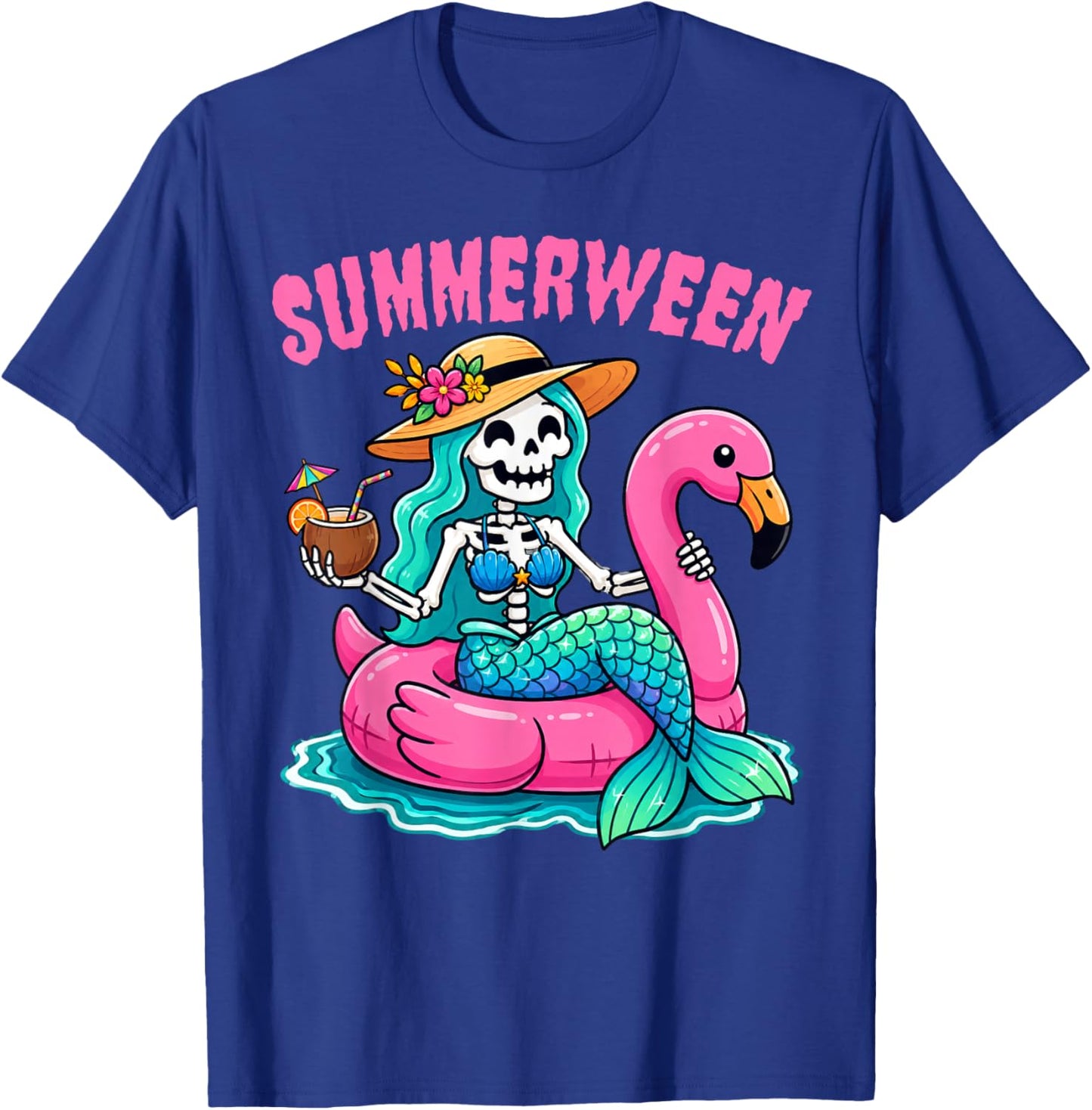 Summerween Skeleton Mermaid Beach Flamingo Halloween Girl T-Shirt - T-Shirt | Royal