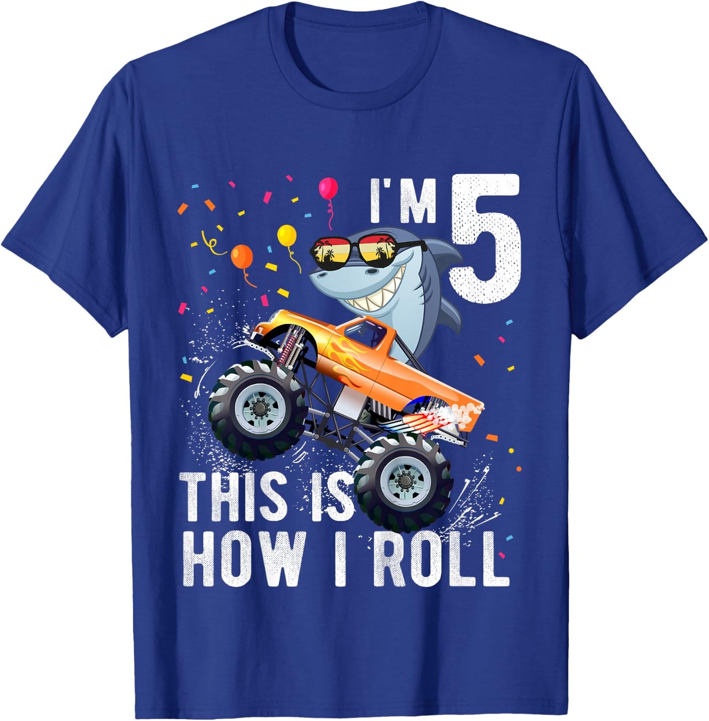 Shark Monster Truck 5th Birthday Boys and Girls T-Shirt - T-Shirt | Royal