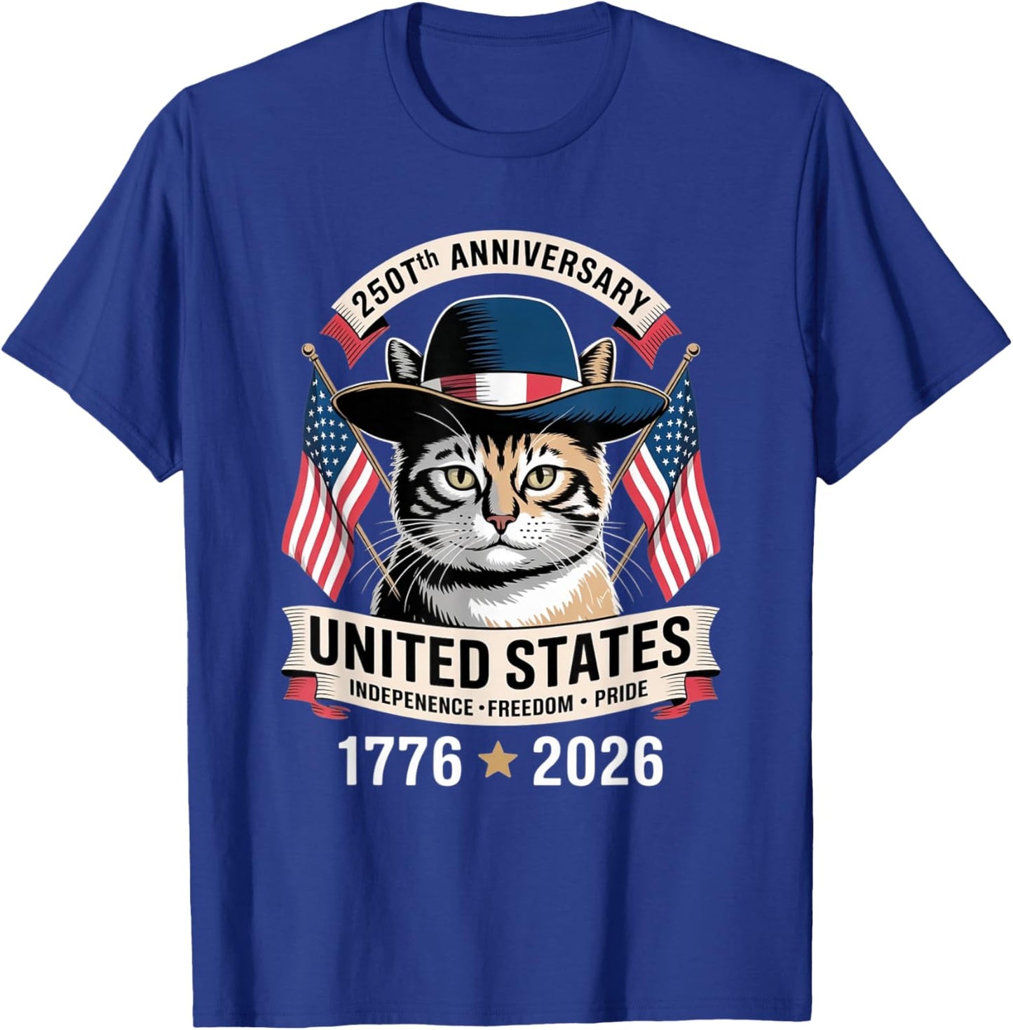 250th Anniversary America Patriotic USA Cat - 4th of July T-Shirt - T-Shirt | Royal