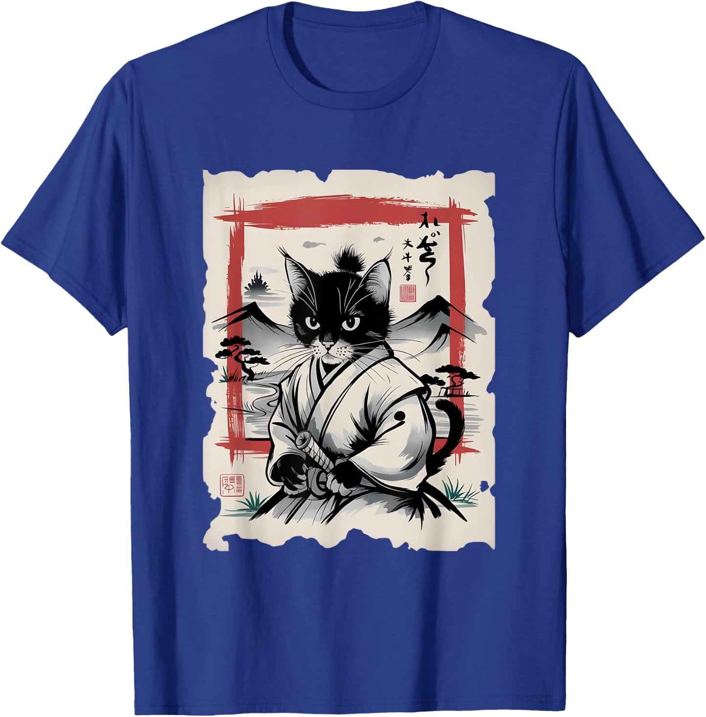 Samurai Cat Sumi-e Graphic - Vintage Warrior Japanese Art Men Women Girls Kids T-Shirt - T-Shirt | Royal