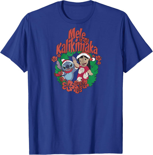 Disney Lilo & Stitch Christmas Mele Kalikimaka Wreath Raglan Baseball T-Shirt - T-Shirt | Royal