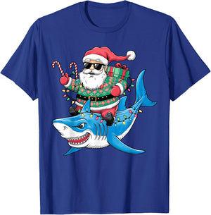Merry Christmas Santa Claus Riding Shark Funny Christmas T-Shirt - T-Shirt | Royal