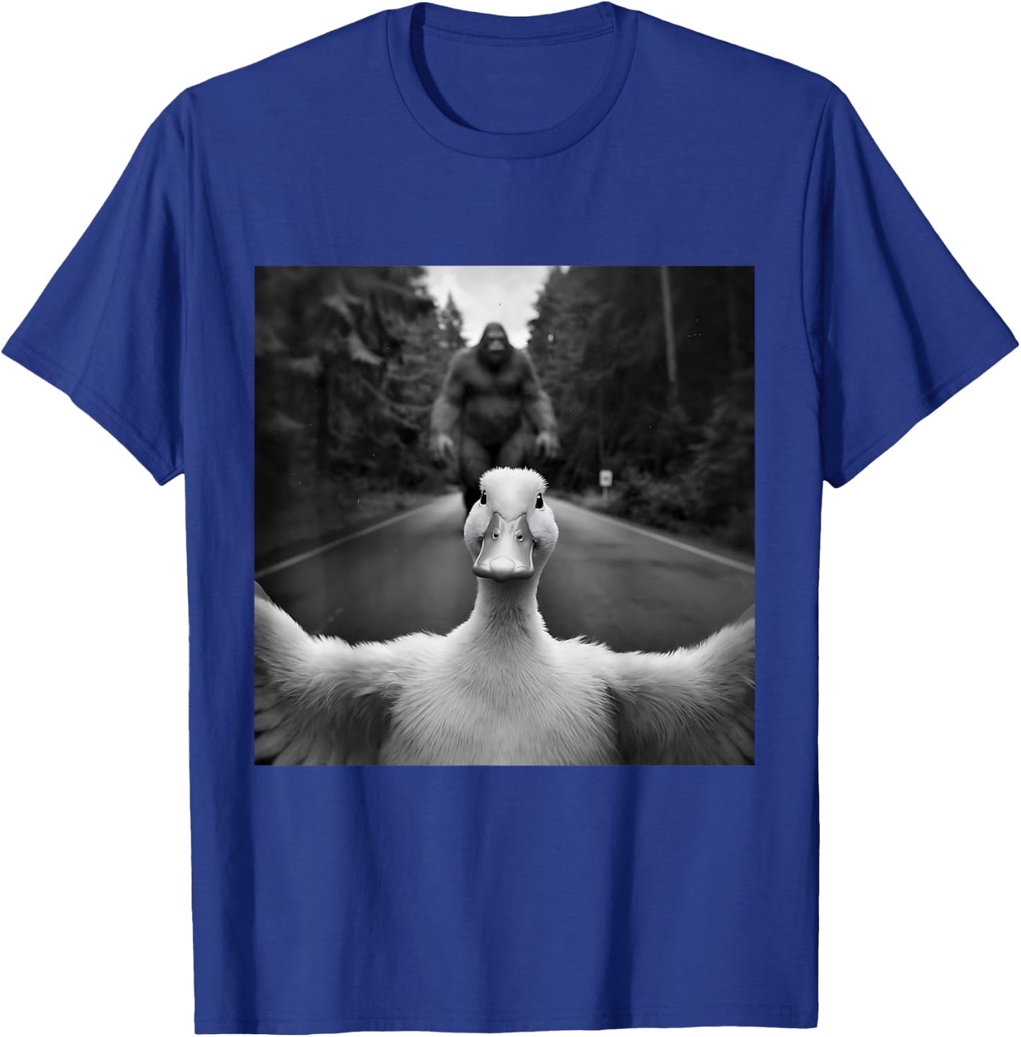 Scared Duck Selfie With Sasquatch Bigfoot, Funny Duck T-Shirt - T-Shirt | Royal