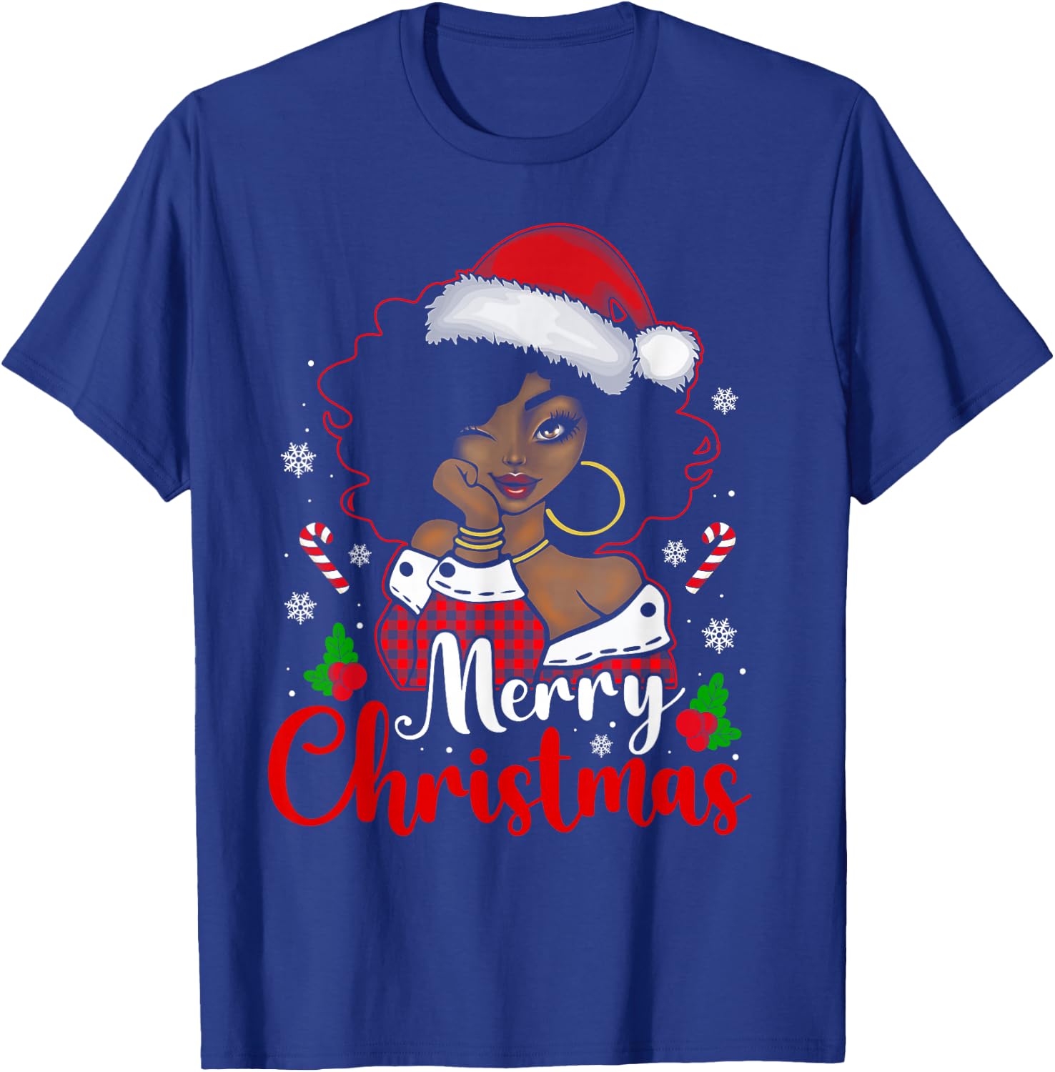 Merry Christmas Black African Girl Santa Hat Xmas Pajamas T-Shirt - T-Shirt | Royal