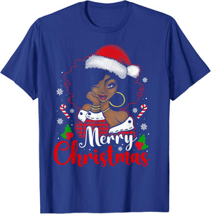 Merry Christmas Black African Girl Santa Hat Xmas Pajamas T-Shirt - T-Shirt | Royal