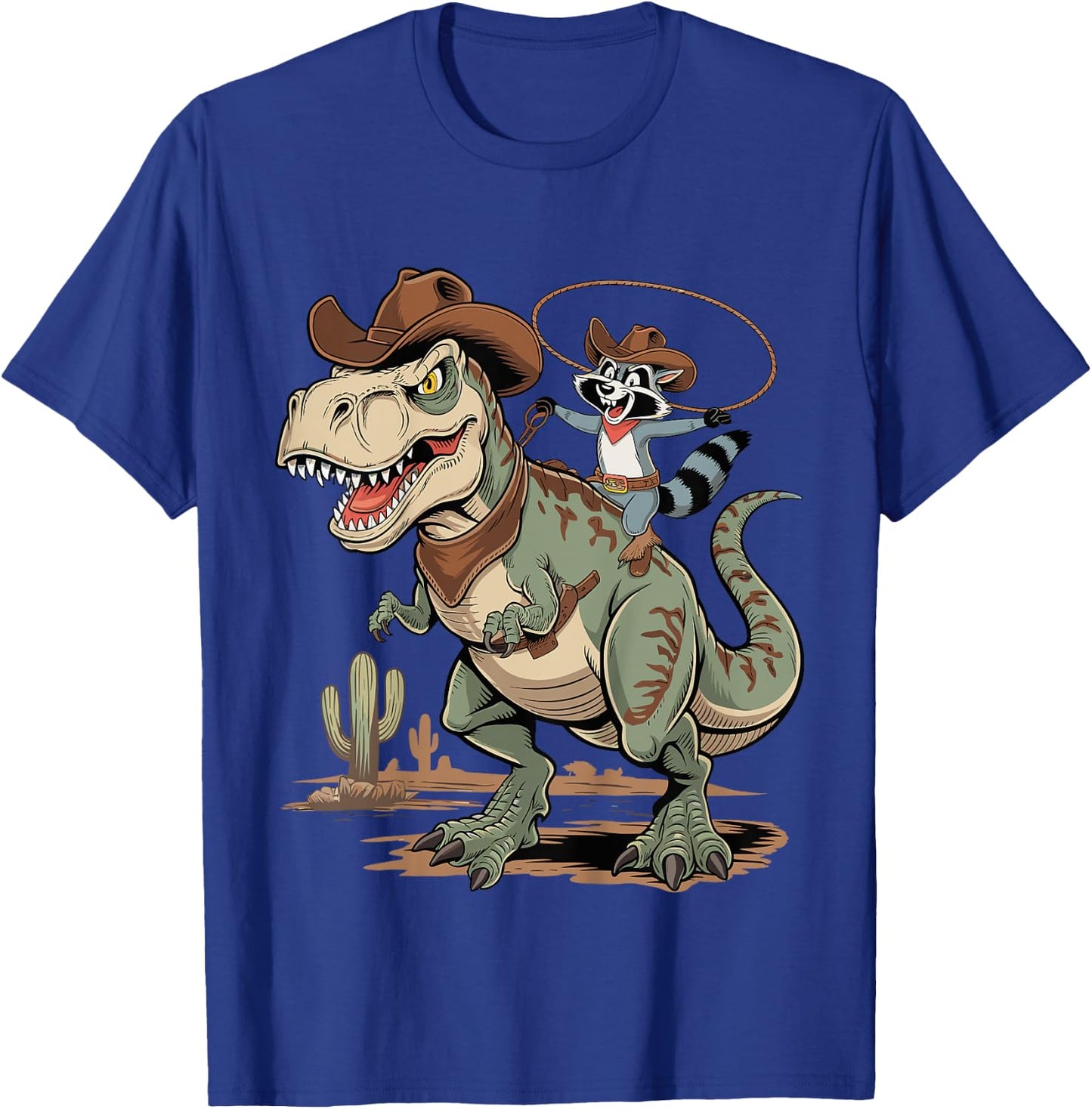 Kids Kids Raccoon Cowboy Riding T-Rex Trash Panda Western Country T-Shirt - T-Shirt | Royal