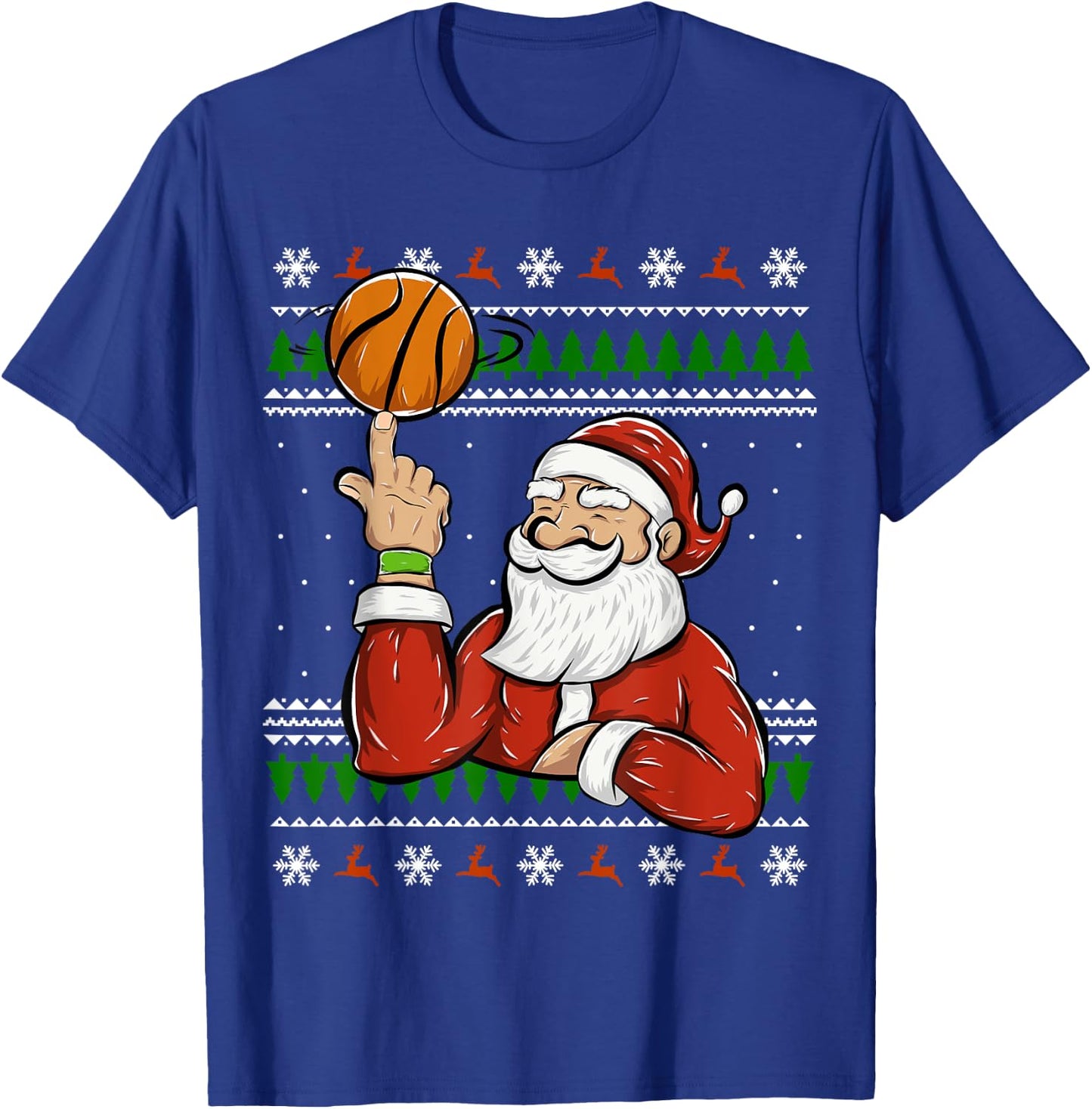 Santa Playing Basketball | Christmas Ugly Sweater T-Shirt - T-Shirt | Royal