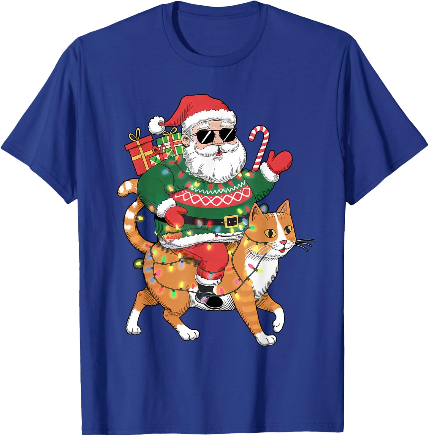 Merry Christmas Santa Claus Riding Cat Funny Christmas T-Shirt - T-Shirt | Royal