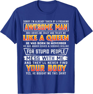 Sorry I'm Already Taken By A November Awesome Man T-Shirt - T-Shirt | Royal