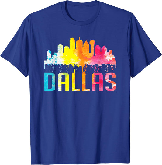 Dallas Texas Retro Watercolor Skyline Art Souvenir Gift T-Shirt - T-Shirt | Royal