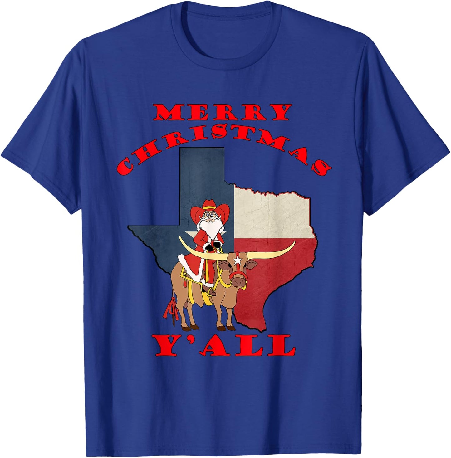 Texas Merry Christmas Y'all Santa On Bull Design T-Shirt - T-Shirt | Royal