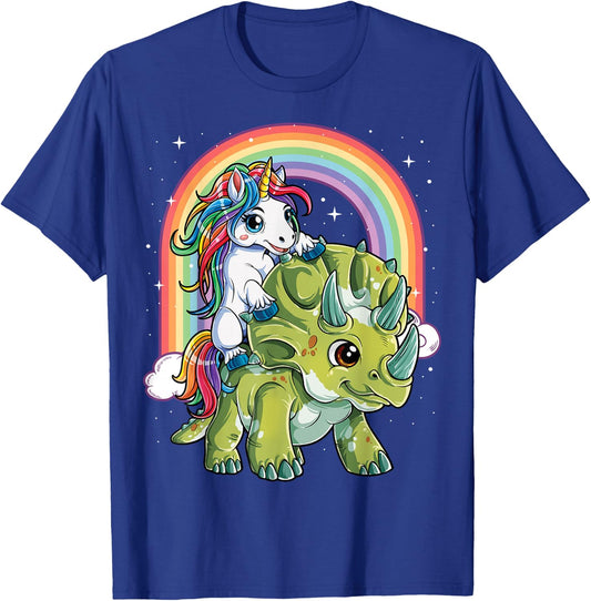 Unicorn Riding Dinosaur Triceratops Funny Boys Girls Rainbow Small T-Shirt - T-Shirt | Royal