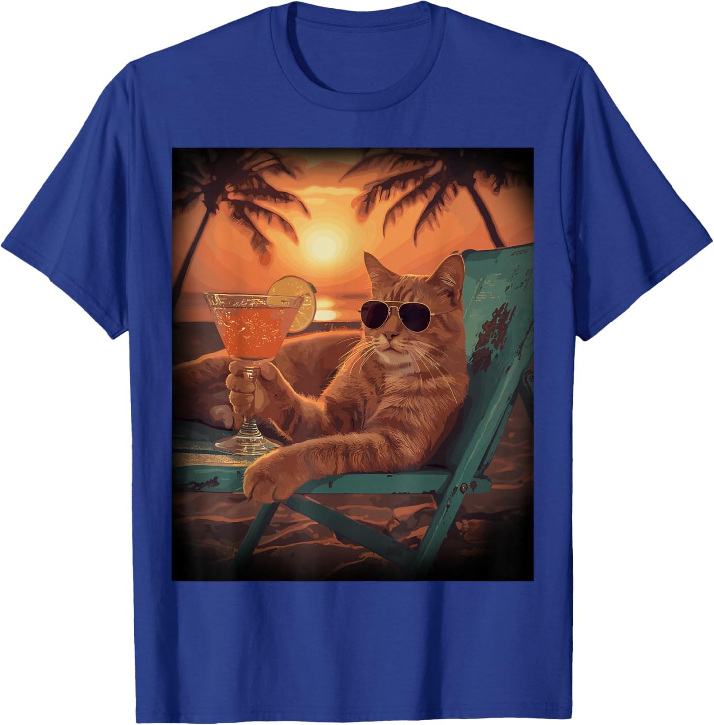 Chillin Cat Vacation Sun Glasses Beach Palm Tree T-Shirt - T-Shirt | Royal