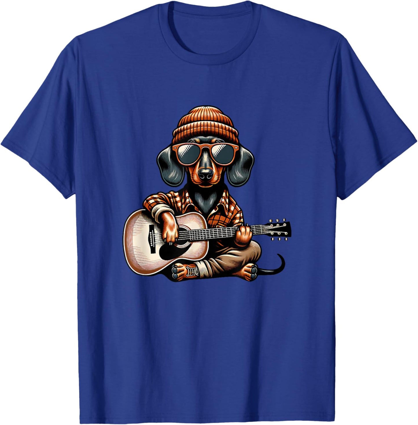 Cool Dachshund Playing Acoustic Guitar with Sunglasses T-Shirt - T-Shirt | Royal