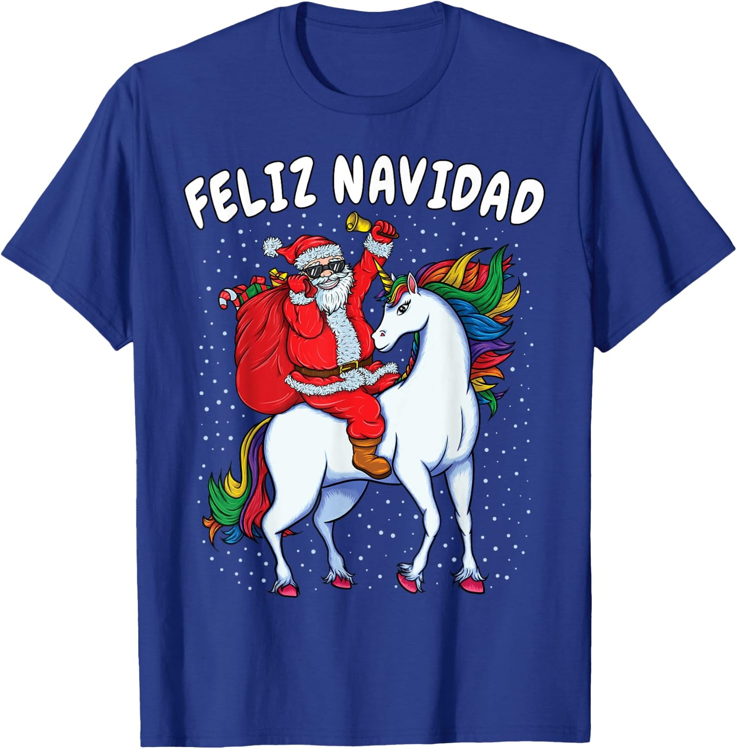 Santa Riding Unicorn Spanish Christmas Gift Feliz Navidad T-Shirt - T-Shirt | Royal