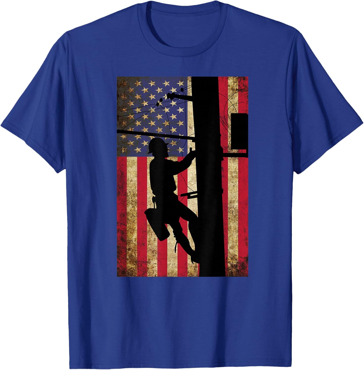 Lineman American Flag Shirt | Electric Cable Lineman Gift T-Shirt - T-Shirt | Royal