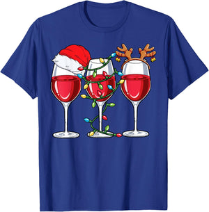 Wine Christmas Santa Hat Xmas Lights Reindeer Antlers Women T-Shirt - T-Shirt | Royal