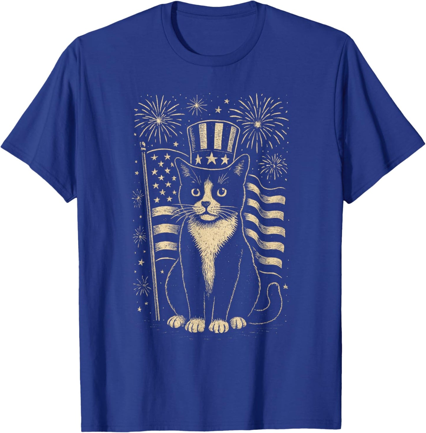 Vintage Tuxedo Cat 4th of July Patriotic Hat and Fireworks T-Shirt - T-Shirt | Royal