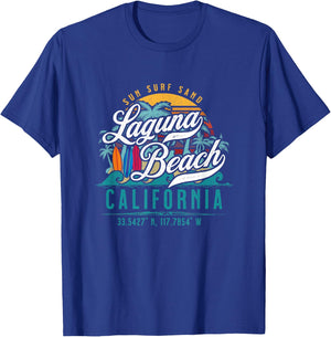 Laguna Beach California USA Retro Sun Sand Surf Palm Trees T-Shirt - T-Shirt | Royal