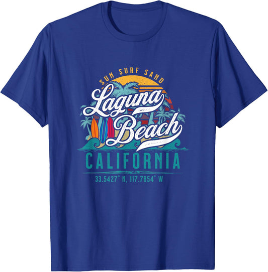 Laguna Beach California USA Retro Sun Sand Surf Palm Trees T-Shirt - T-Shirt | Royal