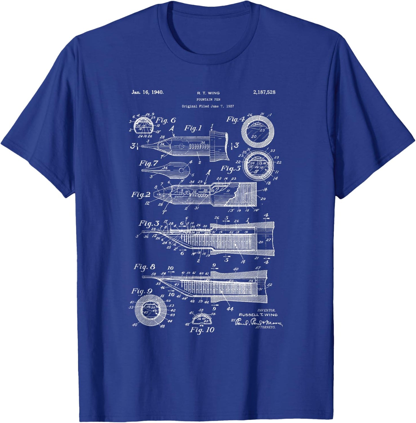 Vintage Patent Drawing Fountain Pen T-Shirt - T-Shirt | Royal