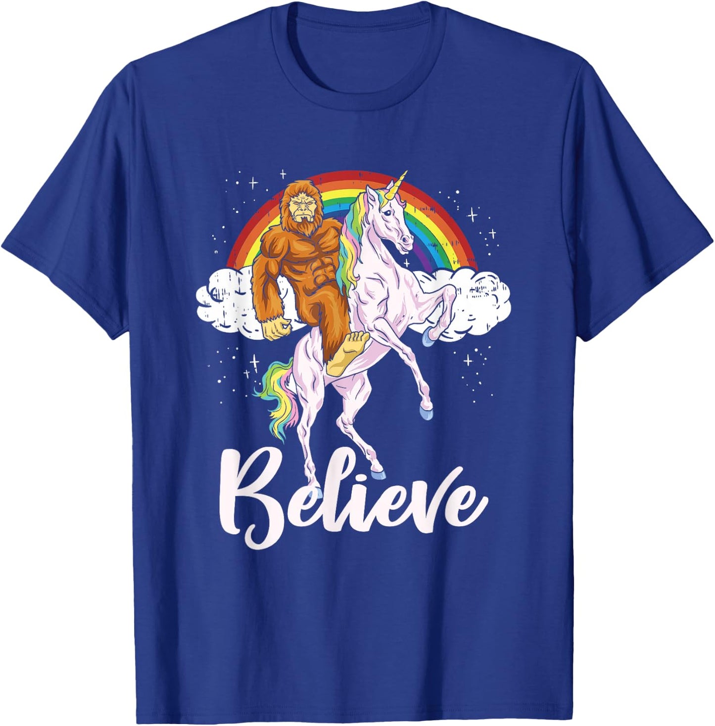 Bigfoot Riding Unicorn Believe Yeti Sasquatch Rainbow T-Shirt - T-Shirt | Royal