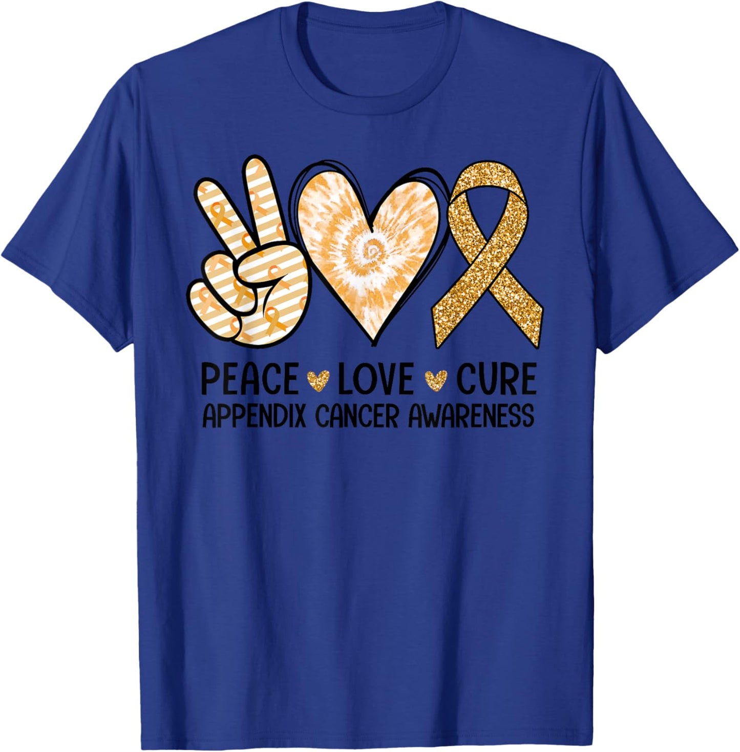 Retro Peace Love Cure Amber Ribbon Appendix Cancer Awareness T-Shirt - T-Shirt | Royal