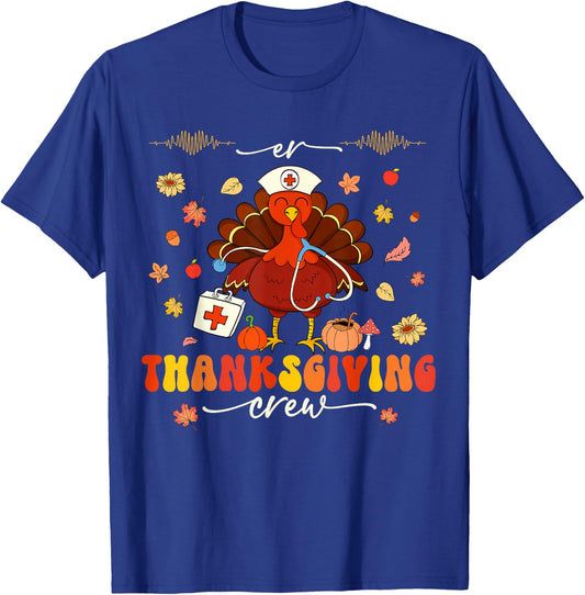 Nurse Crew Groovy Turkey Shirts Idea ER Thanksgiving Crew Turkey Nurses Emergency Department Adults Black Small Modern Classic Cartoon Holiday Short Sleeve T-Shirt - T-Shirt | Royal