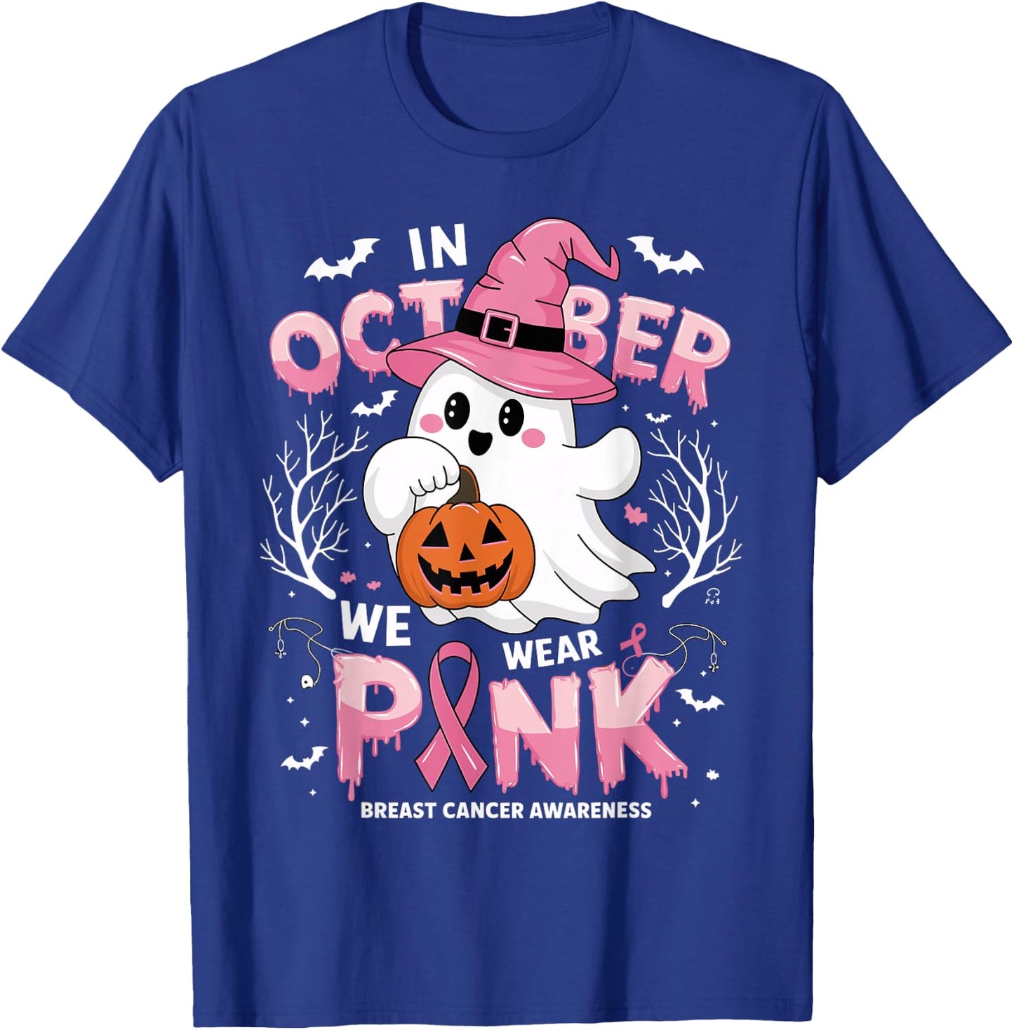 In October We Wear Pink shirt Ghost Breast Cancer Awareness T-Shirt - T-Shirt | Royal