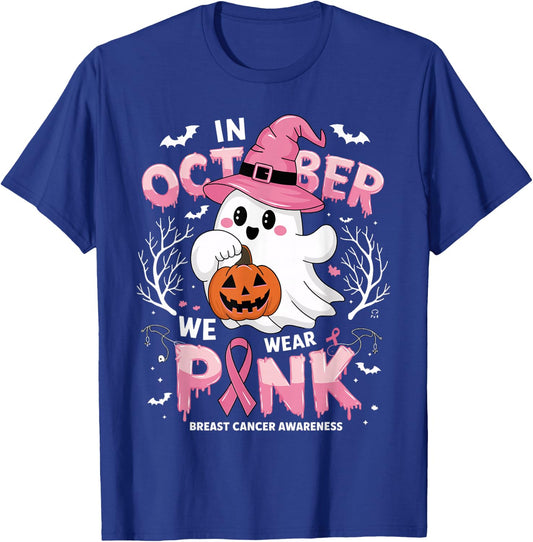 In October We Wear Pink shirt Ghost Breast Cancer Awareness T-Shirt - T-Shirt | Royal